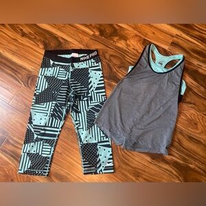 Nike Pro Black and Teal Geometric Leggings with Gray Tank